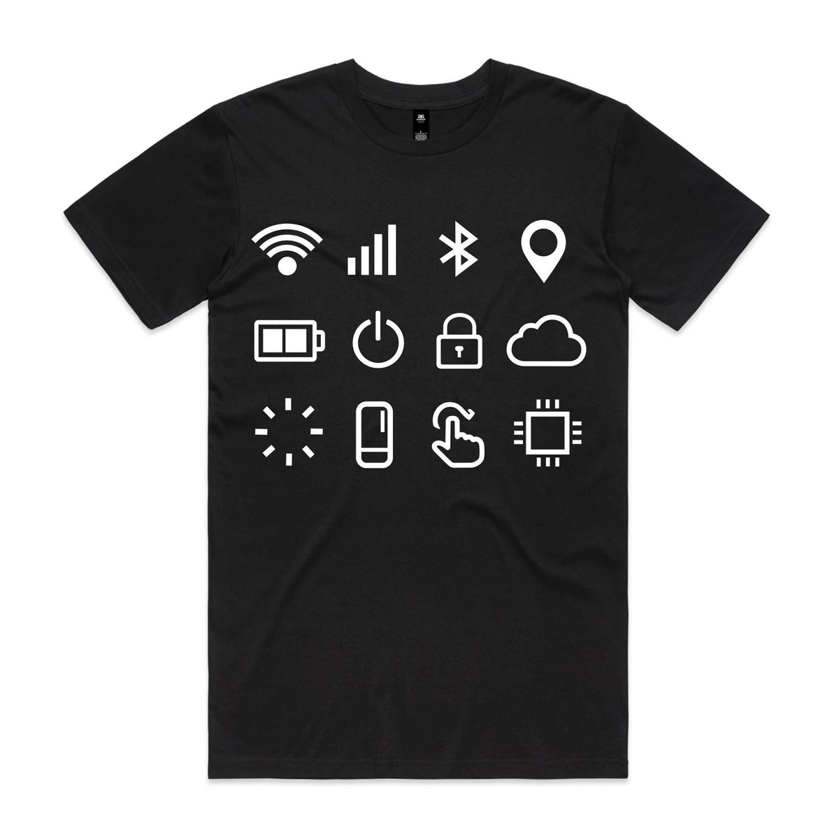 Front of the Black Voltare Connected Life Tech tee with twelve white interface icons including Wi-Fi, Bluetooth, location, battery, touch control and a microchip
