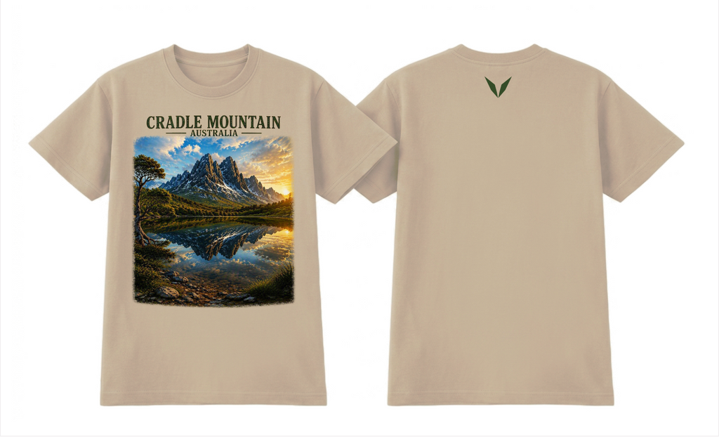 Front and back preview of the Ecru Voltare Cradle Mountain Alpine Reflections tee with mountain and lake artwork and a dark olive-green back V

