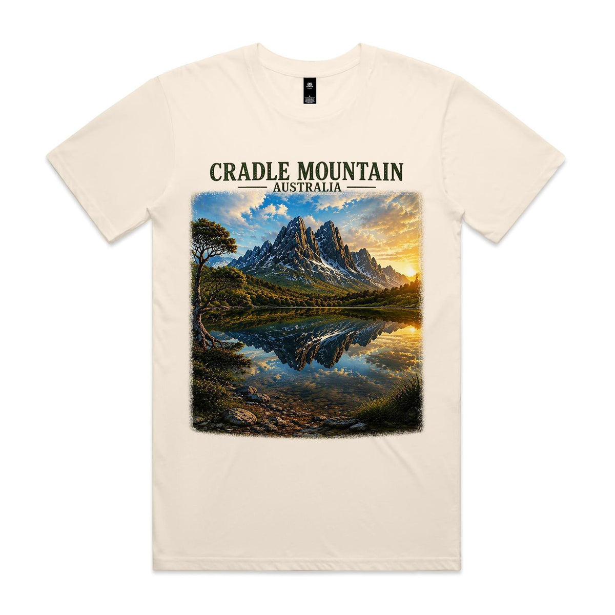 Ecru Voltare Cradle Mountain tee featuring jagged mountain peaks reflected in still water beneath Cradle Mountain Australia lettering