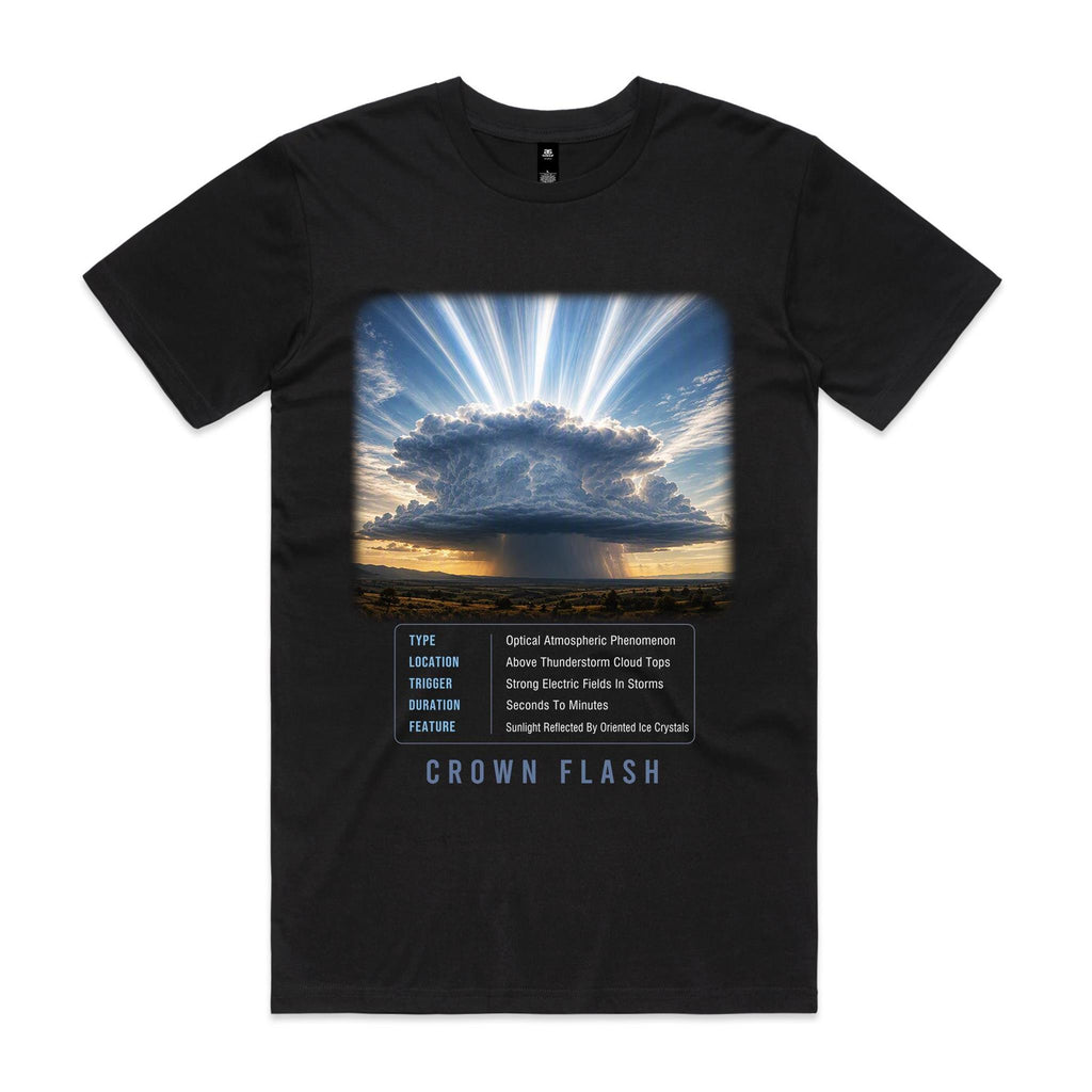 Front of Voltare Crown Flash black tee with white rays above a towering storm cloud, atmospheric facts panel and blue-grey lettering