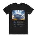 Front of Voltare Crown Flash black tee with white rays above a towering storm cloud, atmospheric facts panel and blue-grey lettering
