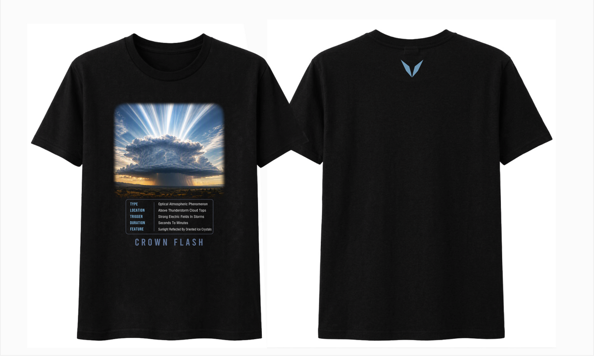 Front and back preview of Voltare Crown Flash black tee with storm-cloud rays, facts panel and muted blue-grey Voltare V logo