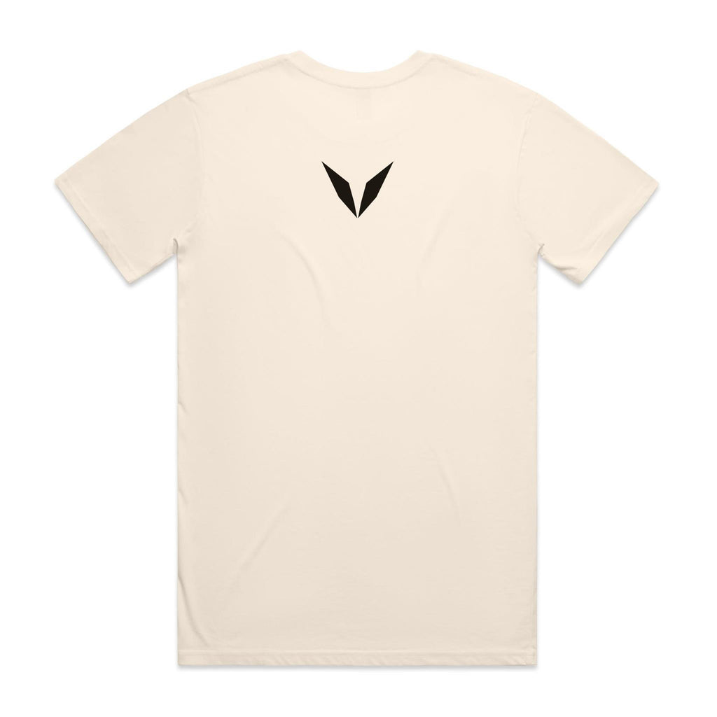 Voltare Dachshund Ground Control Tee in Ecru, back showing the near-black Voltare V below the neckline.