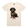 Voltare Dachshund Ground Control Tee in Ecru, front showing a black-and-tan Dachshund wearing a tan GROUND CONTROL harness above breed lettering.