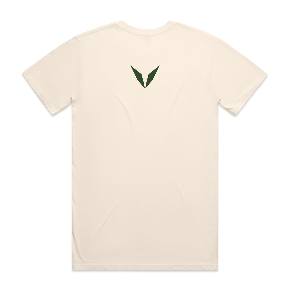 Back of the Ecru Voltare Daintree Rainforest Cassowary tee with a forest-green Voltare V high on the back