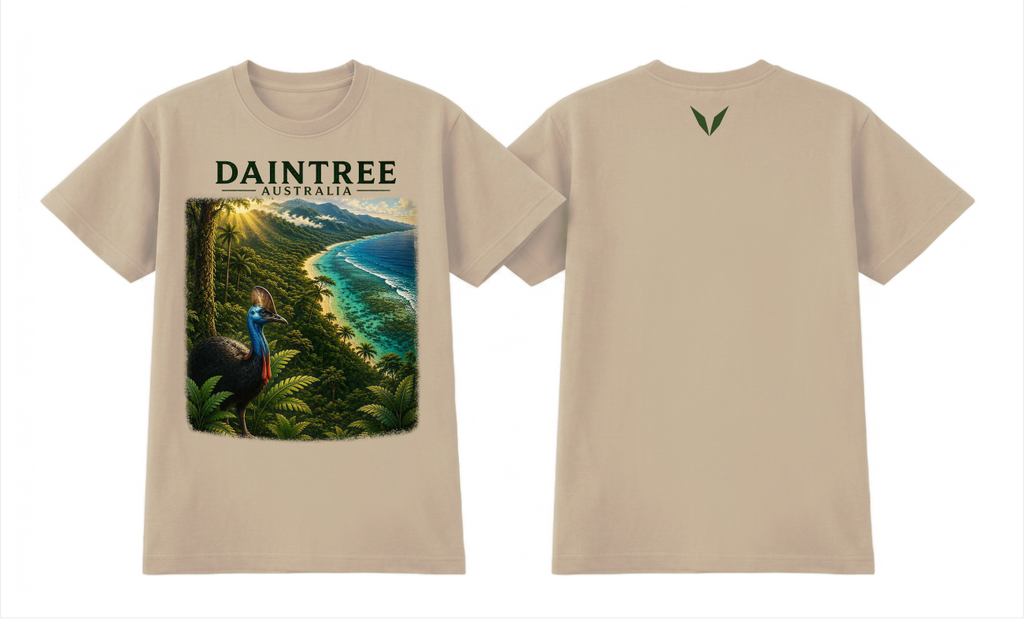 Front and back preview of the Ecru Voltare Daintree Rainforest Cassowary tee with rainforest, cassowary and coastline artwork and a forest-green back V