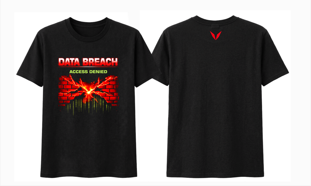 Front and back of black Voltare Data Breach tee showing the firewall graphic and red Voltare V