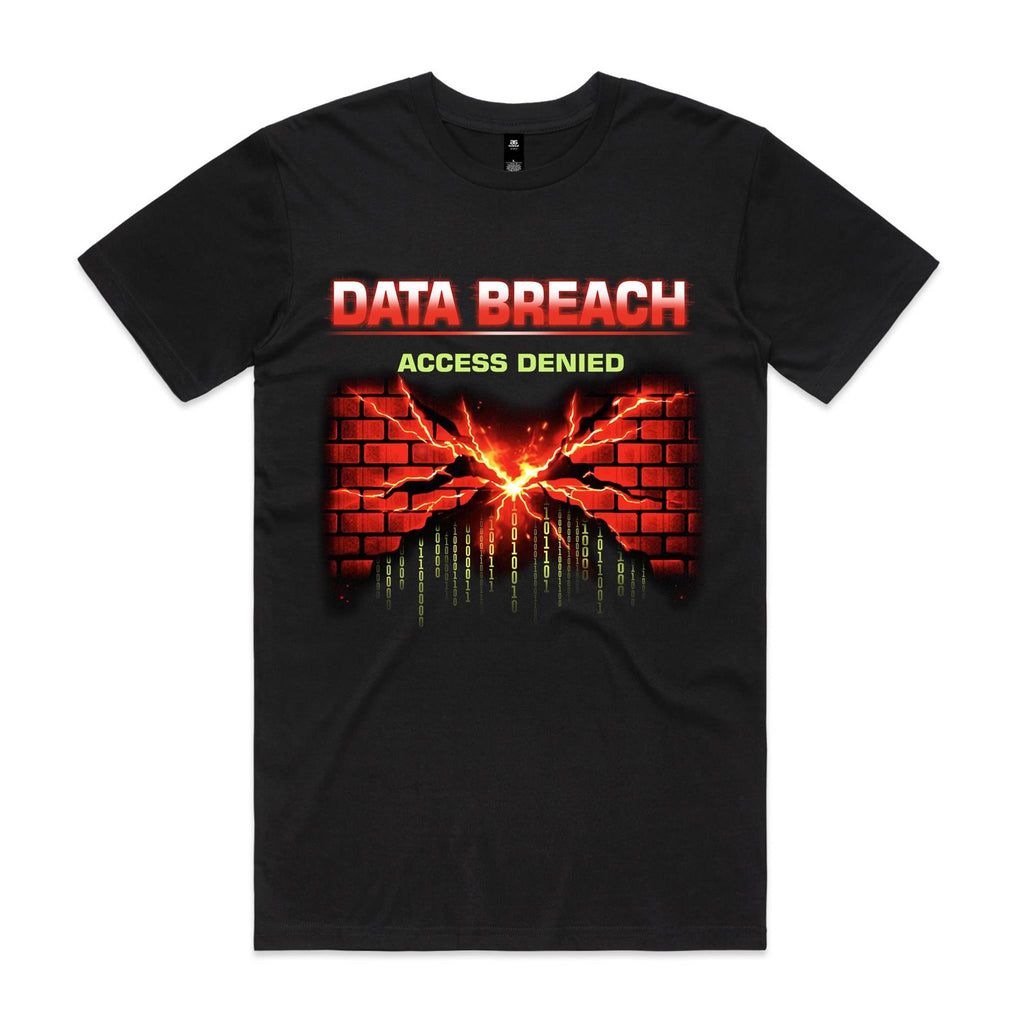 Black Voltare Data Breach tee with Access Denied text, a cracked red firewall and falling binary code