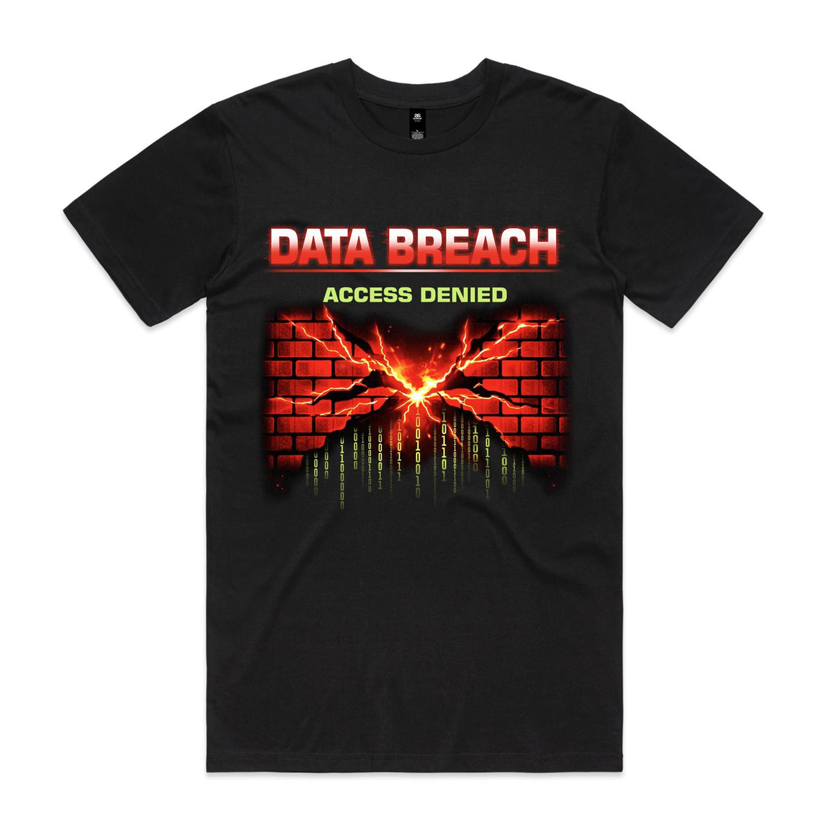 Black Voltare Data Breach tee with Access Denied text, a cracked red firewall and falling binary code
