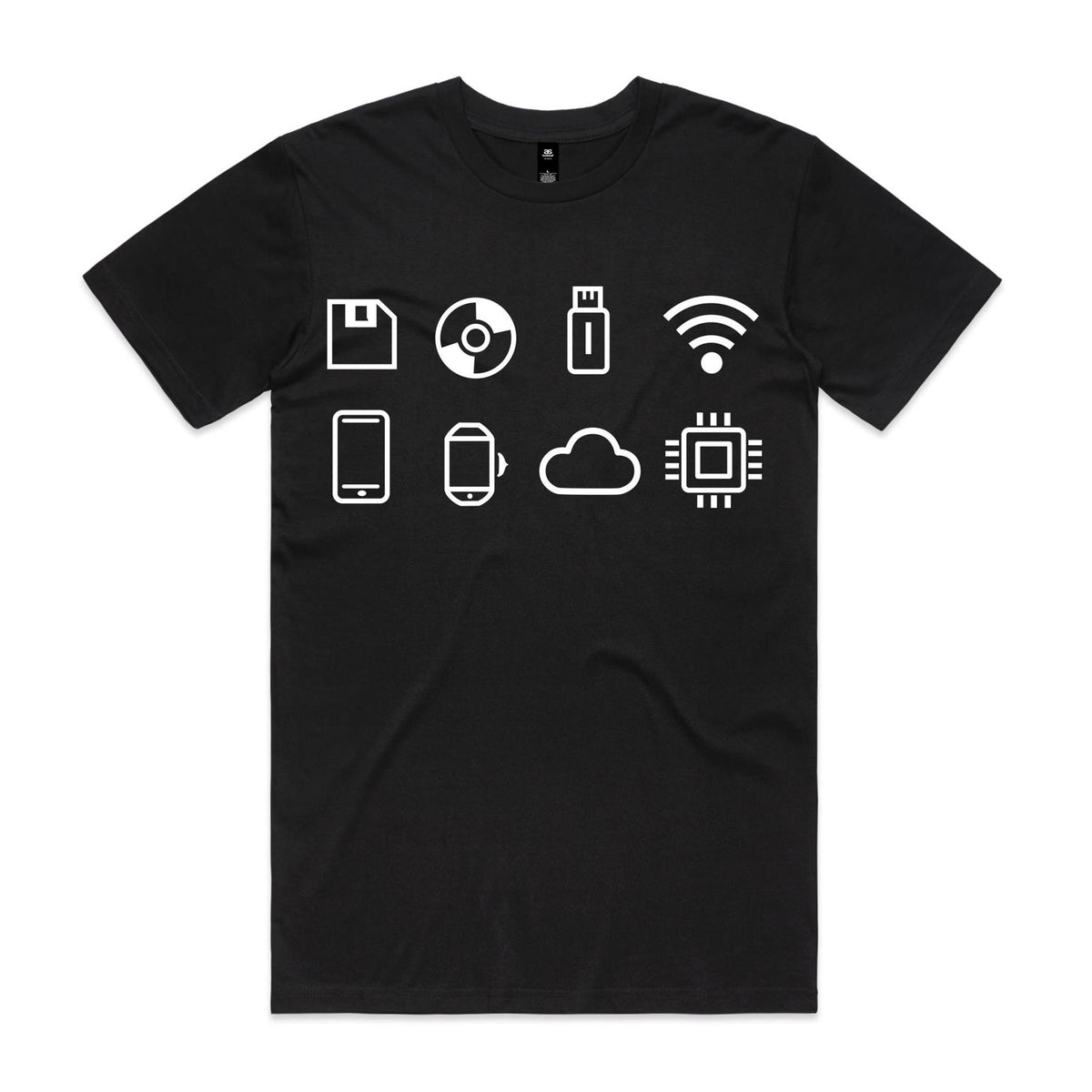 Front of the Black Voltare Digital Evolution Tech tee with white floppy disk, disc, USB drive, Wi-Fi, smartphone, smartwatch, cloud and microchip icons