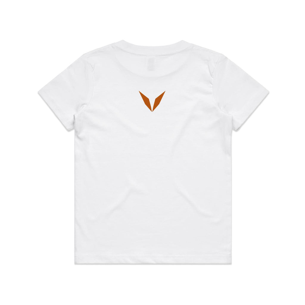 Back of the white Voltare Dilophosaurus kids tee with a burnt-orange Voltare V below the neckline.