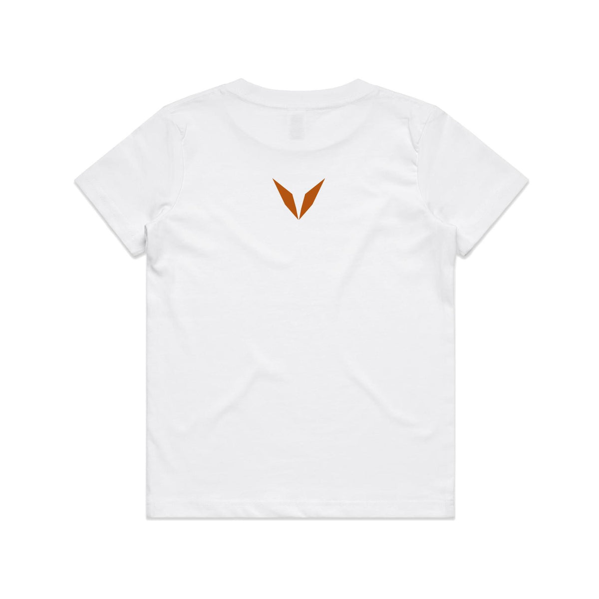Back of the white Voltare Dilophosaurus kids tee with a burnt-orange Voltare V below the neckline.