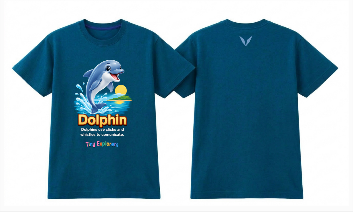 Front and back design preview of Voltare Dolphin Tiny Explorers kids tee on a deep teal-blue shirt with light-blue Voltare V logo