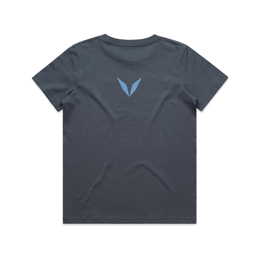 Back of Voltare Dolphin Tiny Explorers kids tee in Petrol Blue with light-blue Voltare V logo
