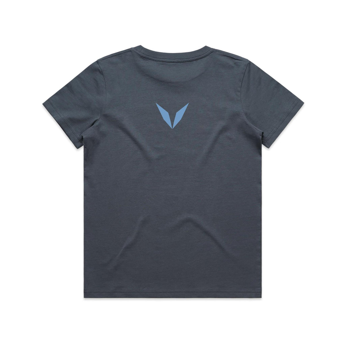 Back of Voltare Dolphin Tiny Explorers kids tee in Petrol Blue with light-blue Voltare V logo