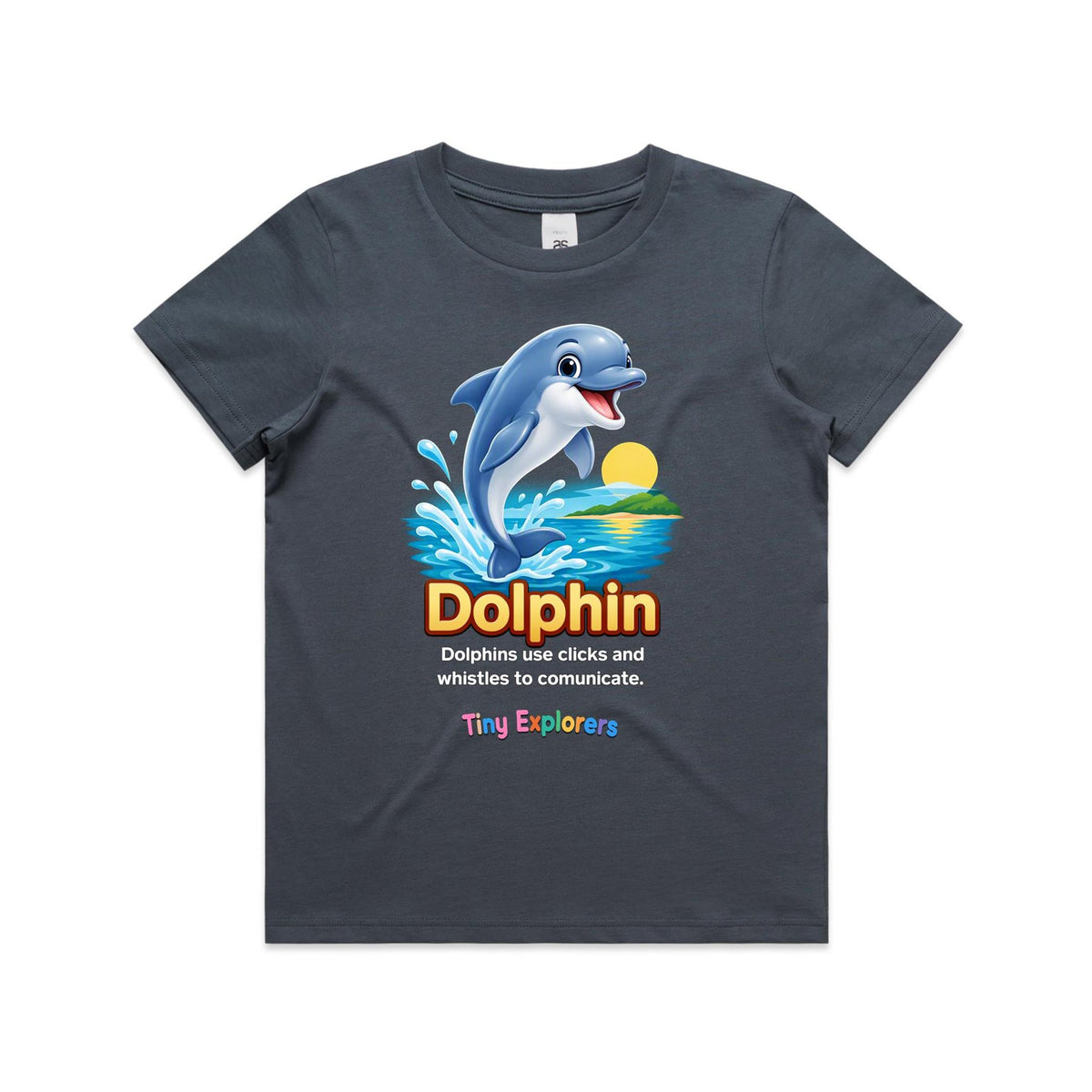 Front of Voltare Dolphin Tiny Explorers kids tee in Petrol Blue with leaping dolphin artwork and communication fact