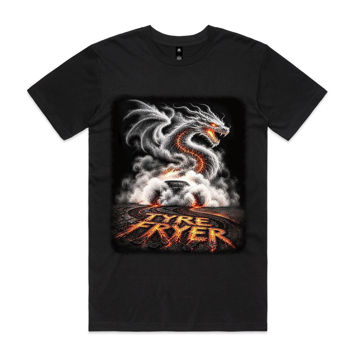 Front of Voltare Dragon black tee with silver-white dragon above a smoky car and glowing orange TYRE FRYER lettering