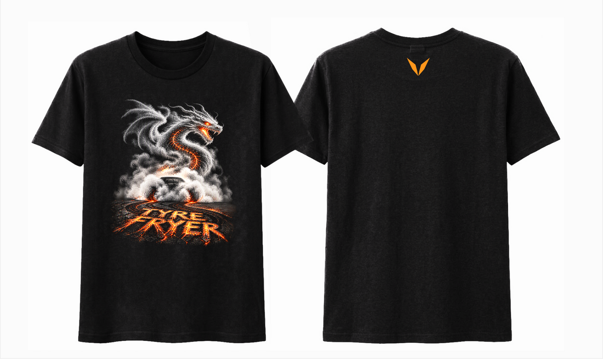 Front and back preview of Voltare Dragon black tee with dragon and smoky car artwork and orange Voltare V logo