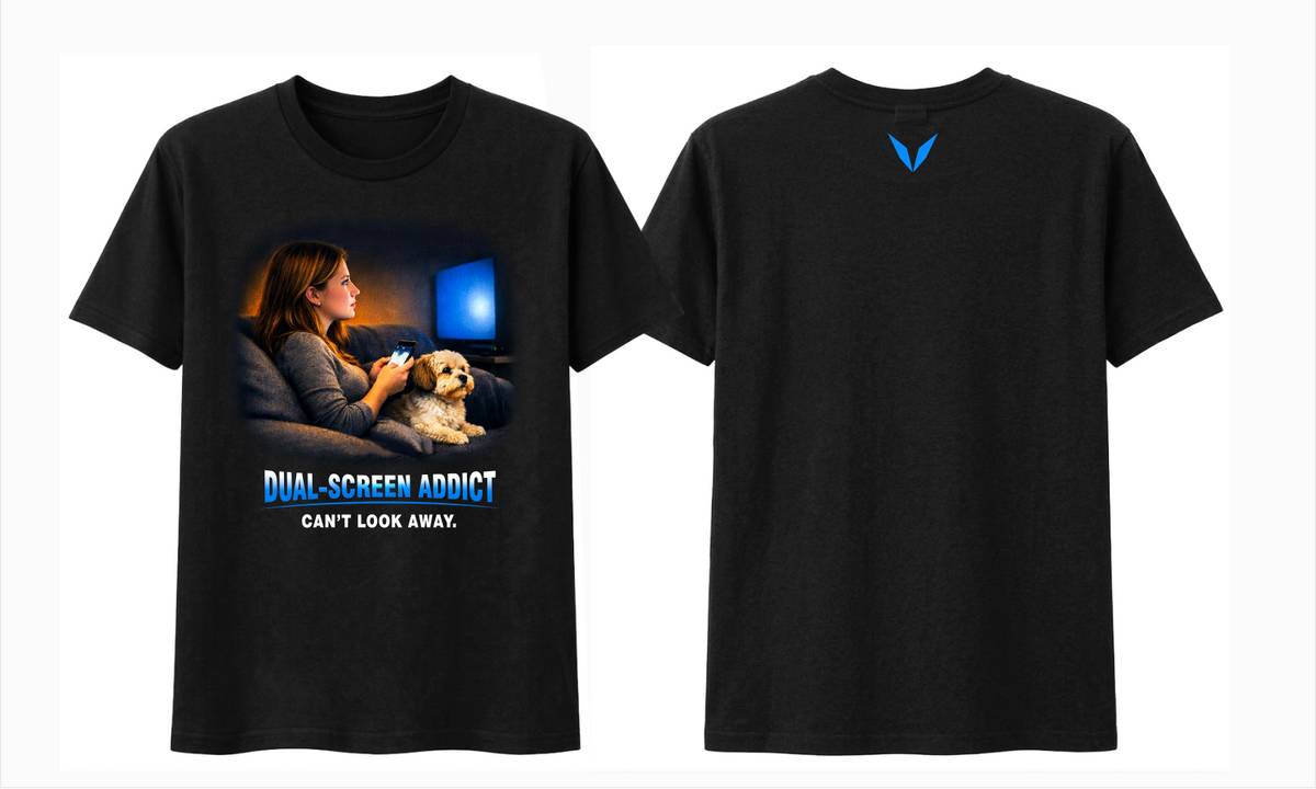 Voltare Dual-Screen Addict black tee front and back showing the screen-time artwork and blue Voltare V