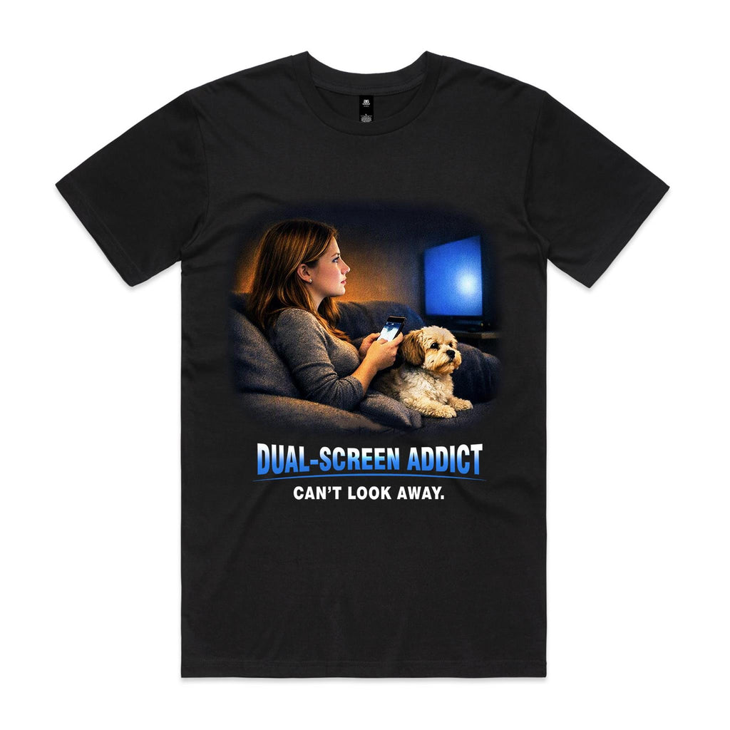 Voltare Dual-Screen Addict black tee front with woman using a phone beside a dog and television, and Can't Look Away slogan