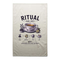 Voltare Earl Grey Ritual cream tea towel with dark purple lettering, floral tea cup and saucer, bergamot citrus and illustrated brewing steps