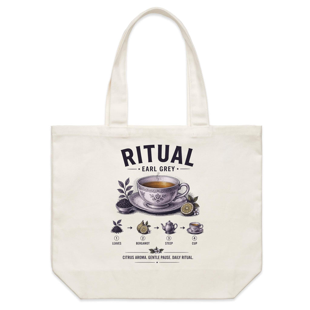 Front of Voltare Earl Grey Ritual natural canvas tote bag with floral teacup, amber tea, bergamot fruit and illustrated brewing steps