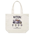 Front of Voltare Earl Grey Ritual natural canvas tote bag with floral teacup, amber tea, bergamot fruit and illustrated brewing steps