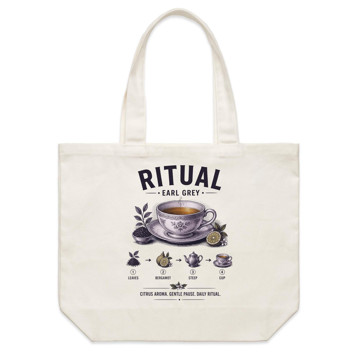 Front of Voltare Earl Grey Ritual natural canvas tote bag with floral teacup, amber tea, bergamot fruit and illustrated brewing steps