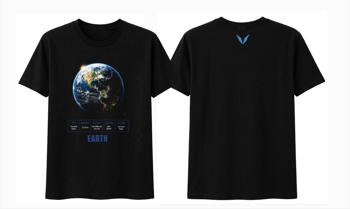 Front and back preview of Voltare Earth black tee with home planet artwork, planet-facts panel and blue Voltare V logo

