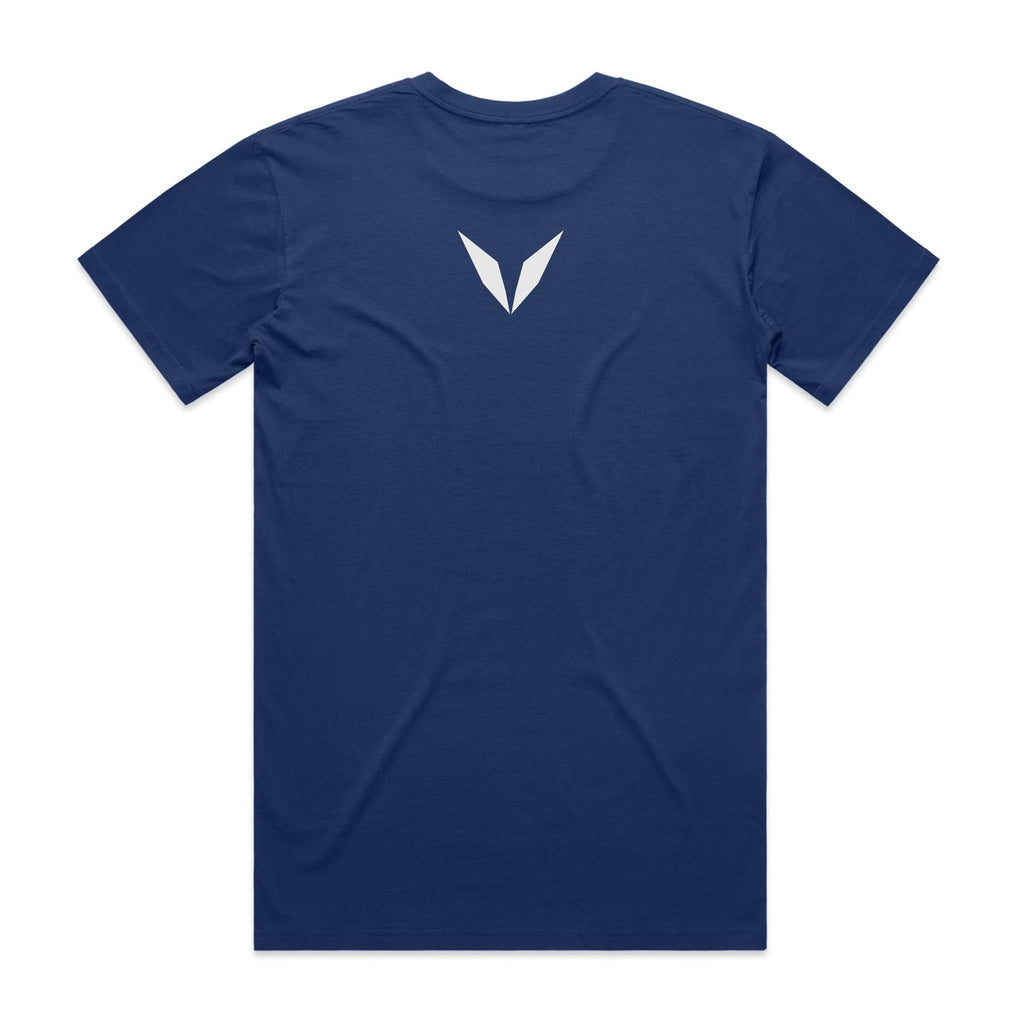 Back of the cobalt Voltare Eastern Osprey Sky Hunters T-shirt with a small pale Voltare V logo at the upper back.