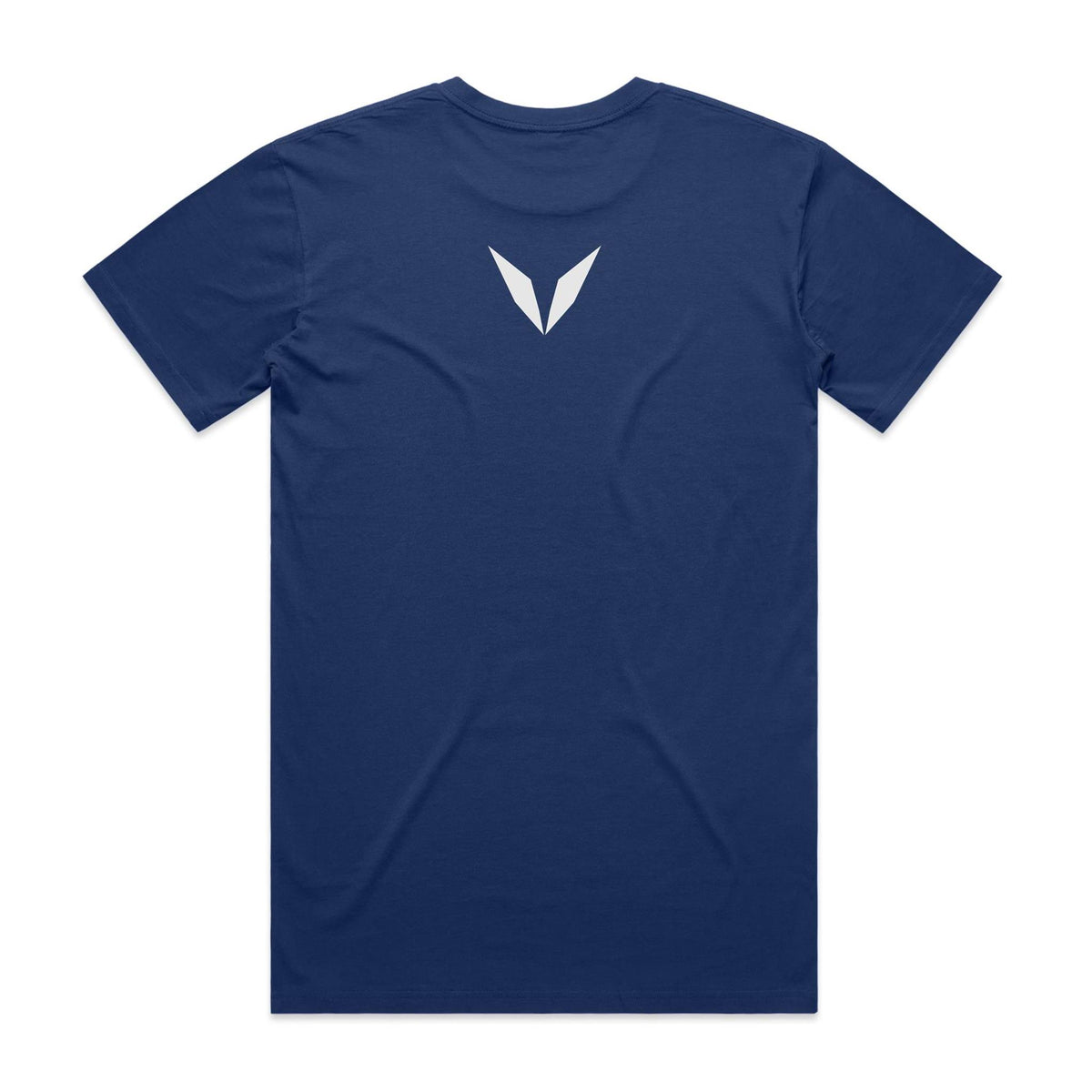 Back of the cobalt Voltare Eastern Osprey Sky Hunters T-shirt with a small pale Voltare V logo at the upper back.