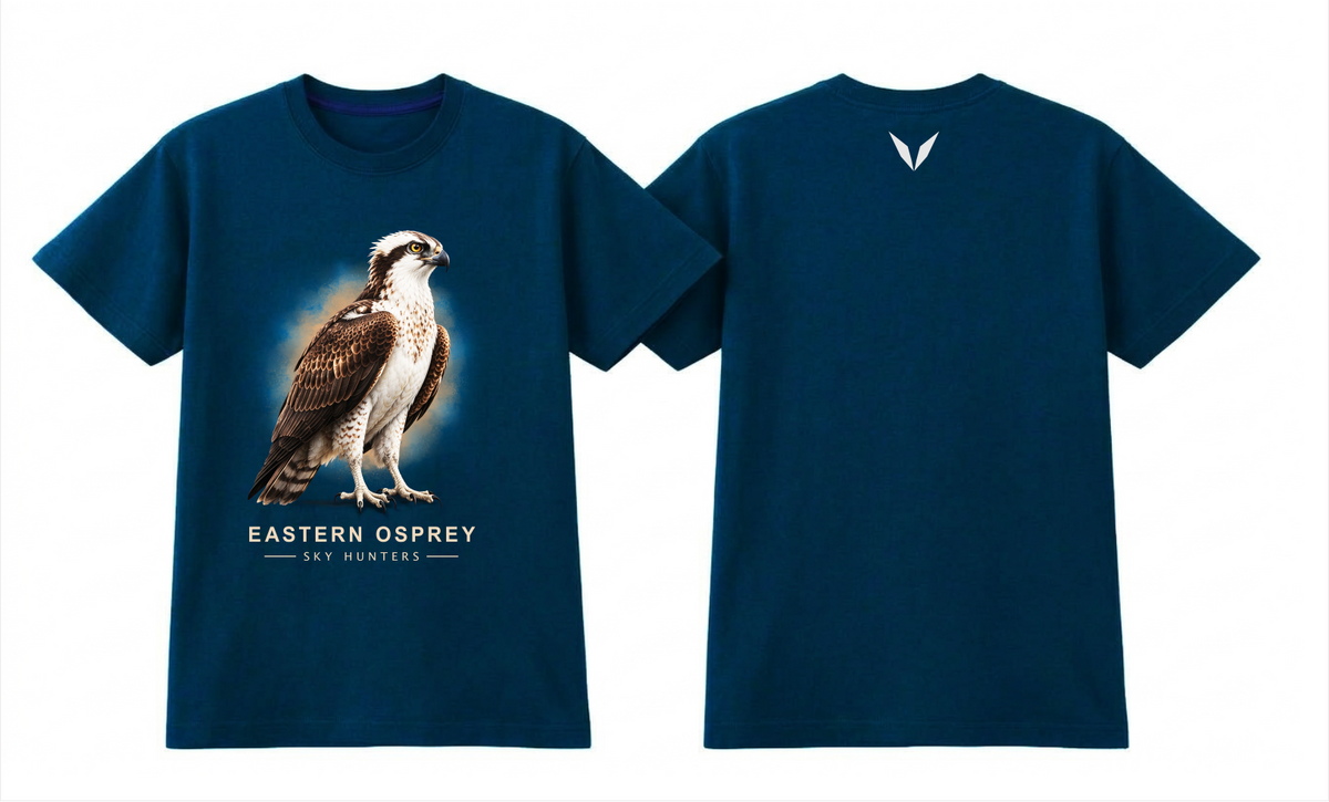 Front and back preview of the Voltare Eastern Osprey Sky Hunters T-shirt, showing illustrated osprey artwork and a small pale Voltare V logo on the upper back.