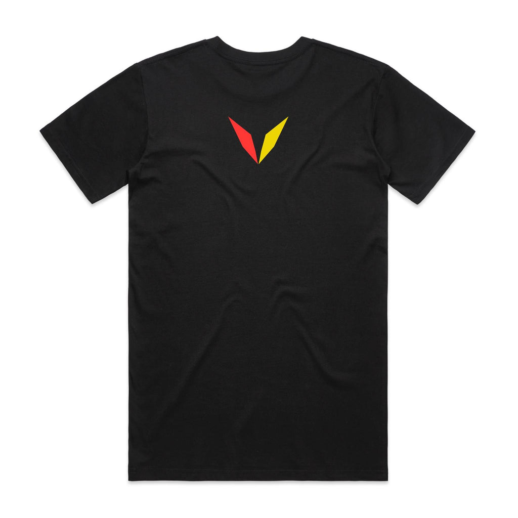 Back of Voltare Black Eastern Rosella T-shirt with a red-and-yellow Voltare V on the upper back.