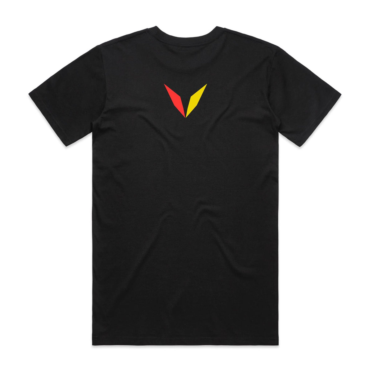 Back of Voltare Black Eastern Rosella T-shirt with a red-and-yellow Voltare V on the upper back.