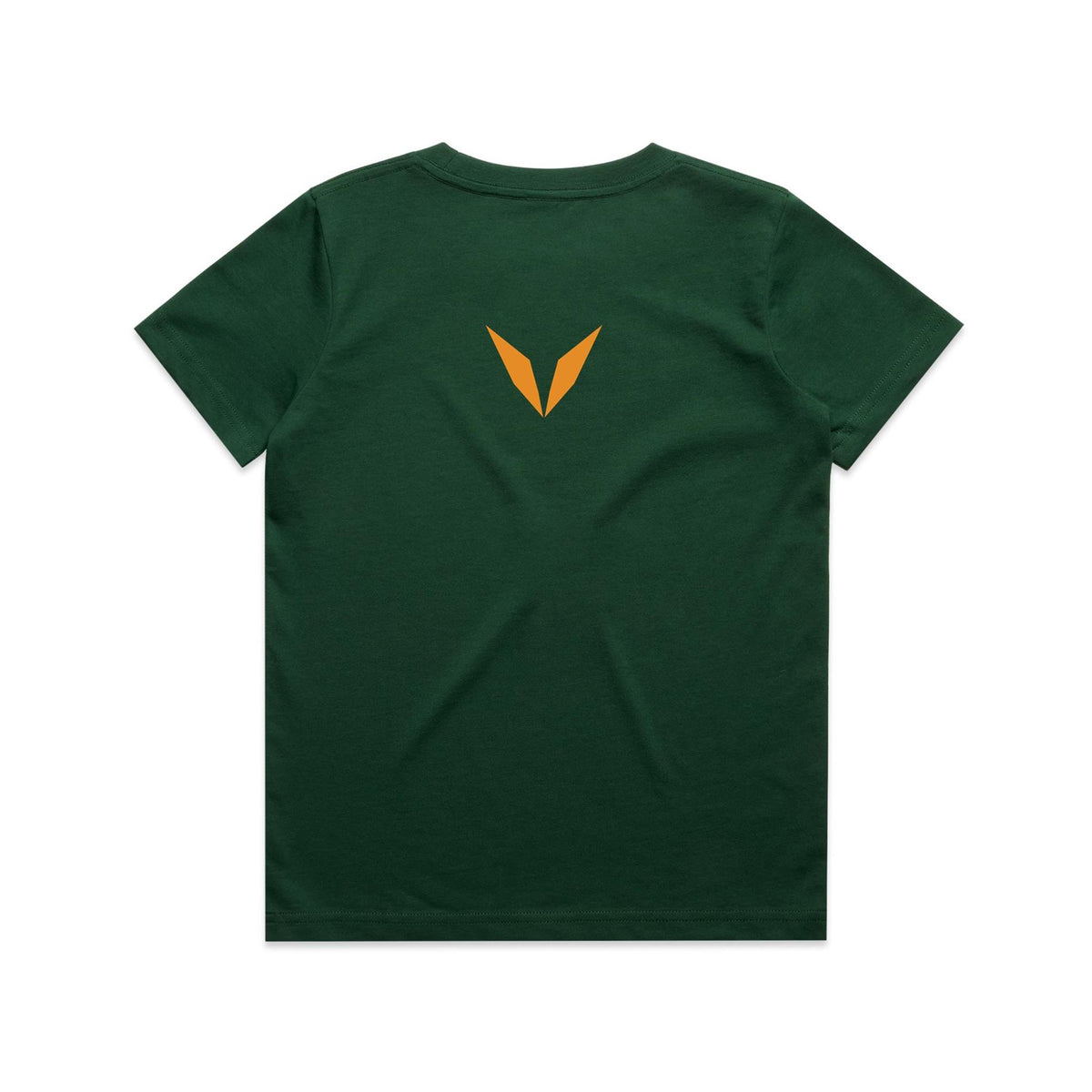 Back of Voltare Echidna Tiny Explorers kids tee in Forest Green with orange Voltare V logo