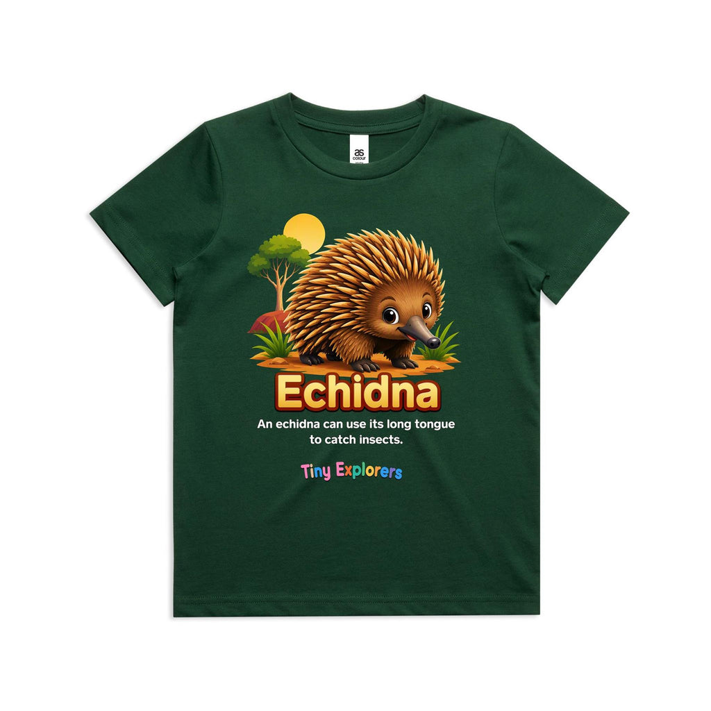 Front of Voltare Echidna Tiny Explorers kids tee in Forest Green with echidna artwork and insect-catching fact
