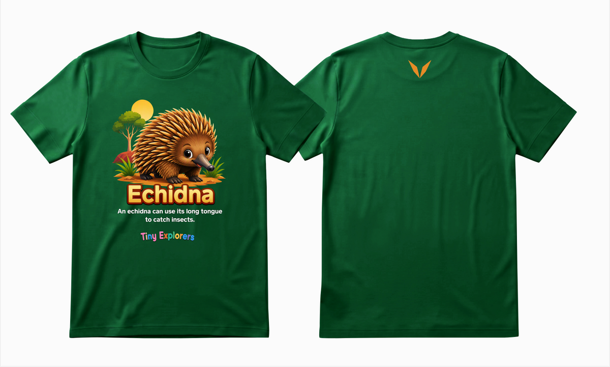 Front and back design preview of Voltare Echidna Tiny Explorers kids tee on a green shirt with echidna artwork and orange Voltare V logo