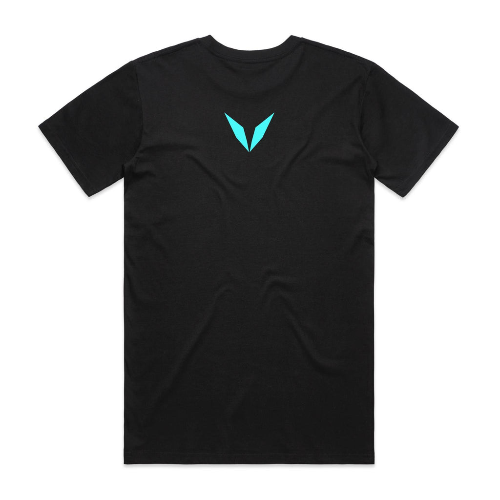 Back of the Black Voltare Echo Signal graphic tee with a turquoise Voltare V between the shoulder blades
