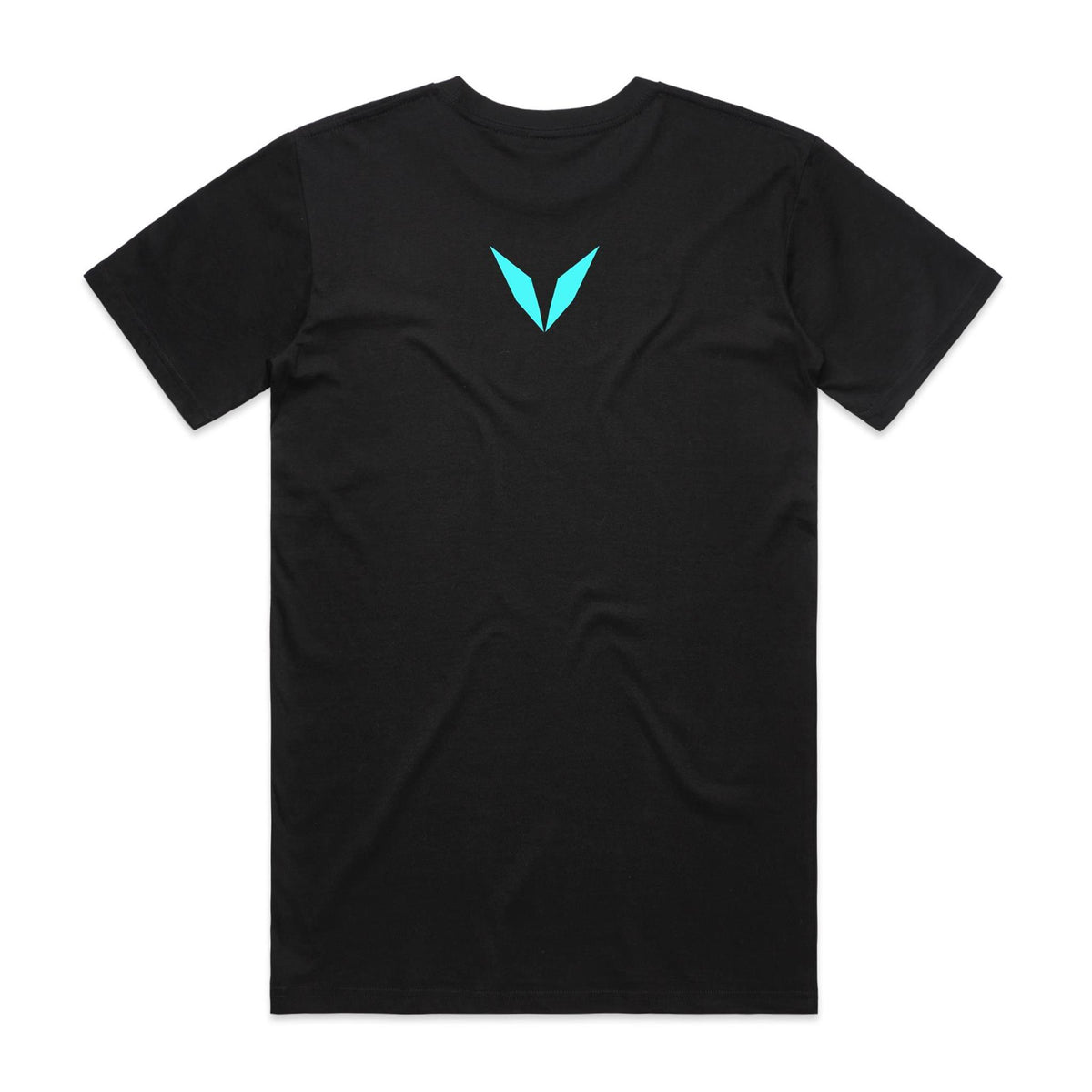 Back of the Black Voltare Echo Signal graphic tee with a turquoise Voltare V between the shoulder blades