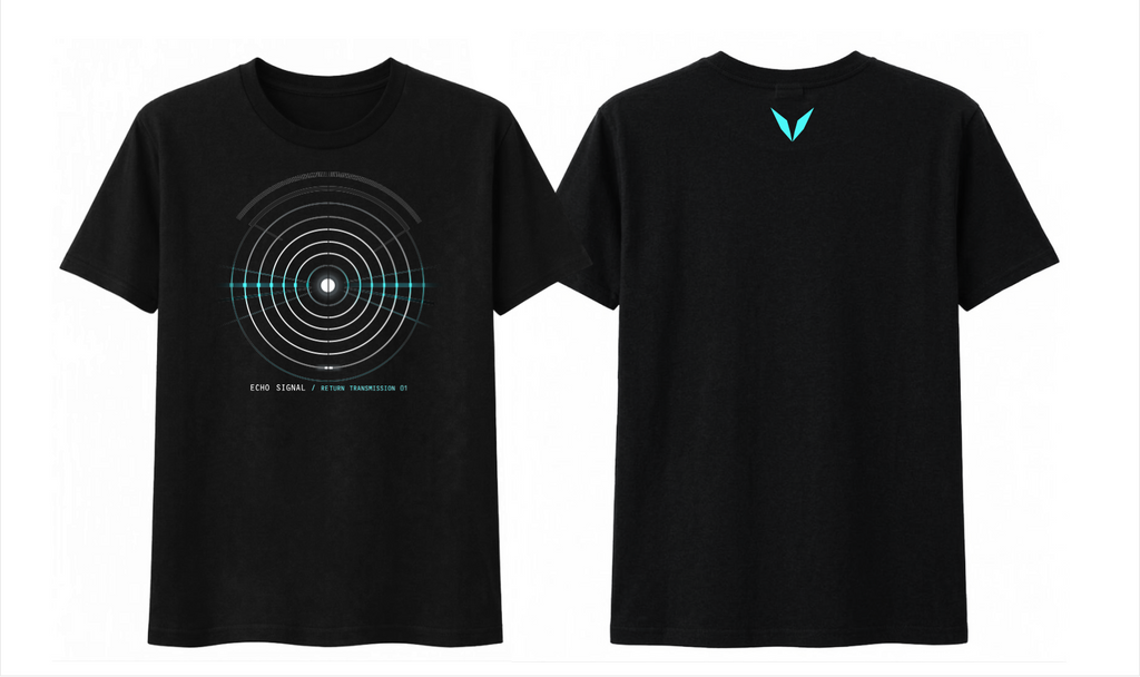 Front and back of the Black Voltare Echo Signal graphic tee with concentric signal artwork and a turquoise back V