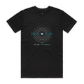 Front of the Black Voltare Echo Signal graphic tee with white and grey concentric rings and turquoise signal lines