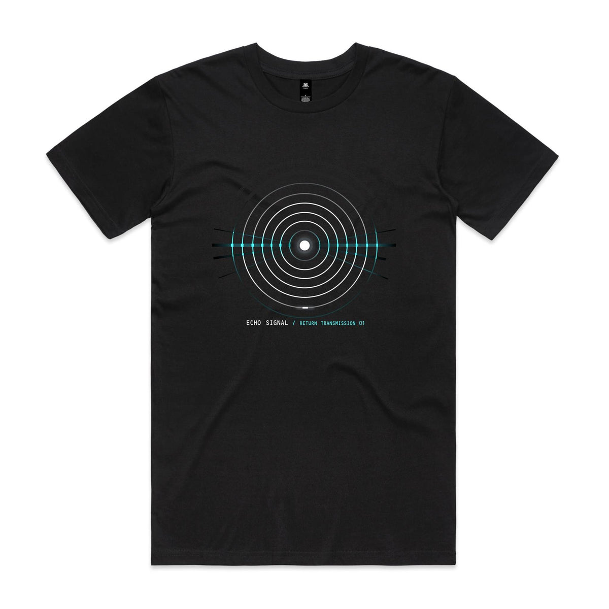 Front of the Black Voltare Echo Signal graphic tee with white and grey concentric rings and turquoise signal lines