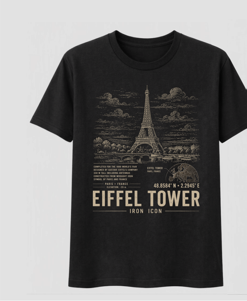 Front of the black Voltare Eiffel Tower Iron Icon tee, featuring sand-toned Eiffel Tower artwork above facts, a Paris location map, coordinates and Eiffel Tower Iron Icon lettering