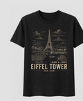 Front of the black Voltare Eiffel Tower Iron Icon tee, featuring sand-toned Eiffel Tower artwork above facts, a Paris location map, coordinates and Eiffel Tower Iron Icon lettering