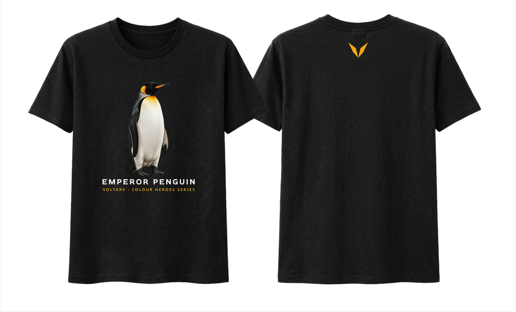 Front and back preview of the black Voltare Emperor Penguin Colour Heroes Worldwide T-shirt, with penguin artwork on the front and a golden-yellow Voltare V on the back.