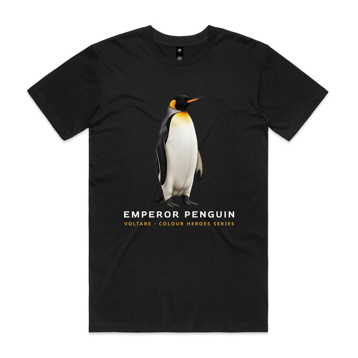 Front of the black Voltare Emperor Penguin Colour Heroes Worldwide T-shirt with a standing penguin, white chest and golden-yellow neck markings.