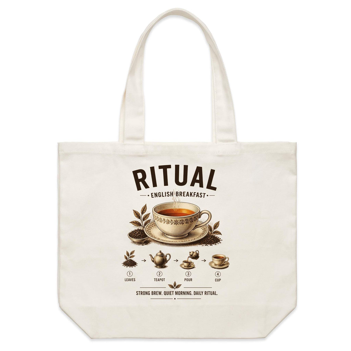 Back of Voltare English Breakfast Ritual natural canvas tote bag with matching floral teacup, amber tea, loose leaves and illustrated brewing steps