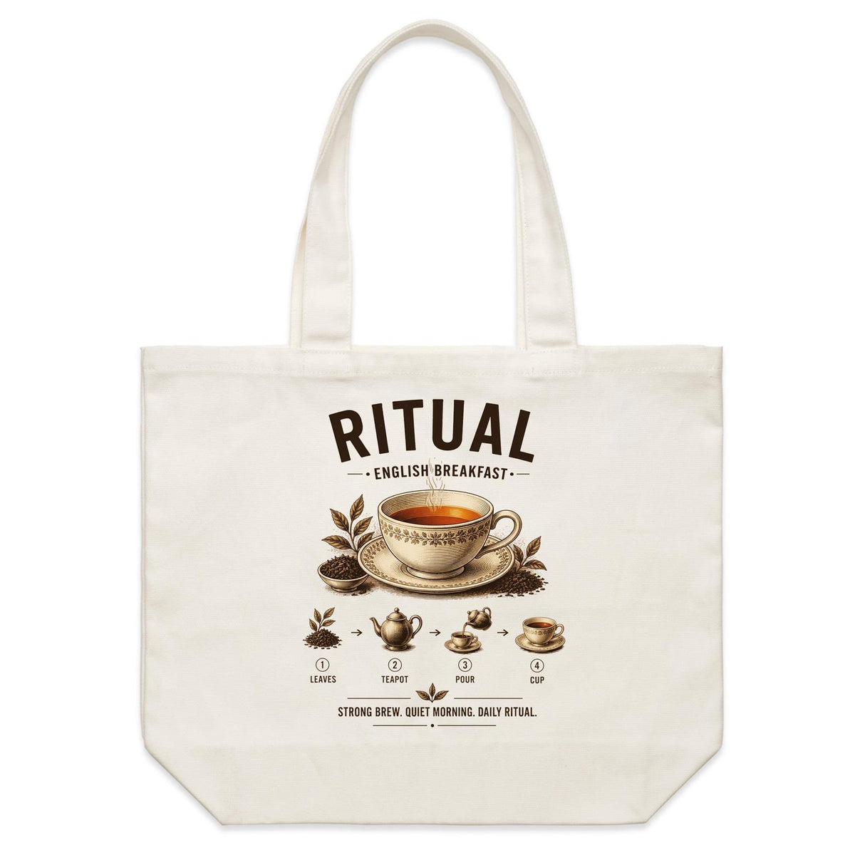 Front of Voltare English Breakfast Ritual natural canvas tote bag with floral teacup, amber tea, loose leaves and illustrated brewing steps