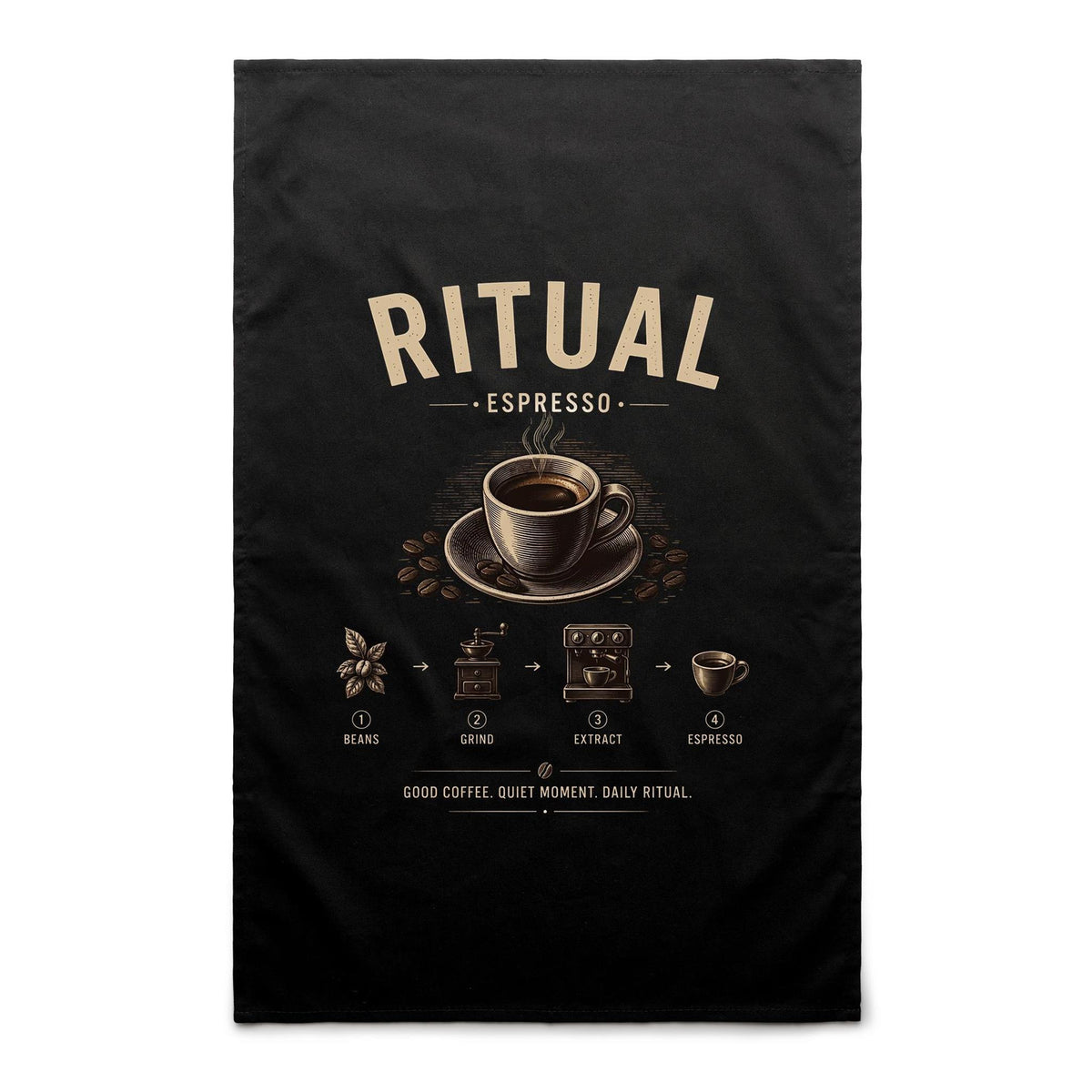 Voltare Espresso Ritual black tea towel with cream lettering, steaming espresso cup, coffee beans and illustrated coffee-making steps