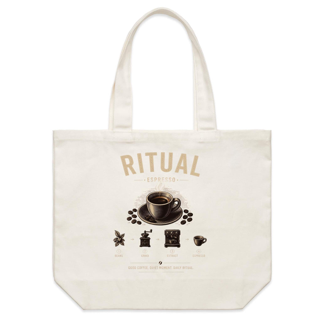 Back of Voltare Espresso Ritual natural canvas tote bag with matching espresso cup, coffee beans and coffee-making illustrations
